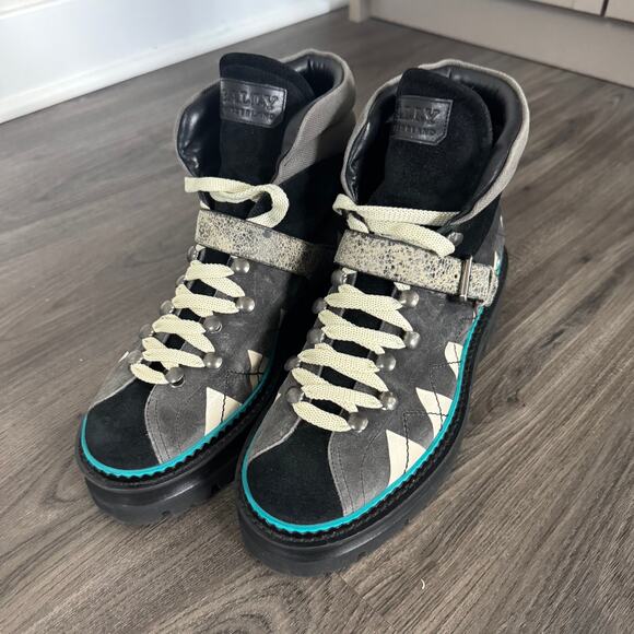Bally Manilo Hiking Boots NEW Black Grey Turquoise Trim Suede Lug Sole Size 38 - Picture 2 of 7